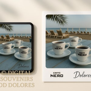 May include: Two images of coffee cups on saucers, each with the "CAFFE NERO" logo. One image is a framed photo, the other is a phone screen. The background shows a beach scene with lounge chairs and palm trees. The word "Dolores" is written in cursive.