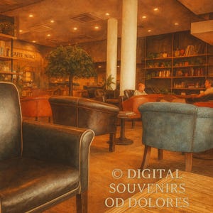May include: An interior shot of a cafe with leather armchairs, tables, and bookshelves. The cafe has a warm, inviting atmosphere with soft lighting and a tree in the center. The text "CAFFE NERO" is visible on a sign.
