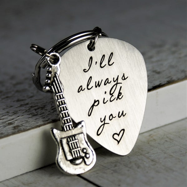 Guitar Pick Key Chain • Personalized Guitar Pick • Stainless Steel Guitar Pick • I'll always pick you • Electric guitar