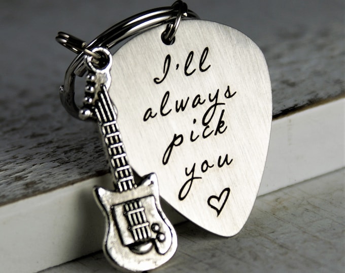 Guitar Pick Key Chain • Personalized Guitar Pick • Stainless Steel Guitar Pick • I'll always pick you • Electric guitar
