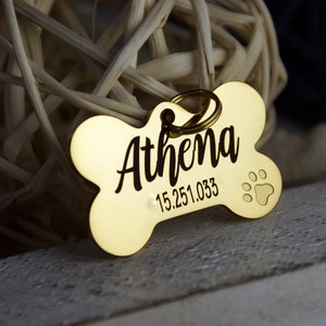 Gold dog tag for dogs personalized, dog name tag, dog bone tag with cute dog paw