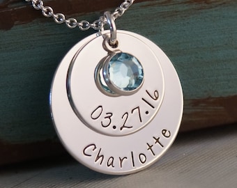My Baby Info 2nd Edition / Personalized Hand Stamped Mommy Necklace / Sterling Silver Jewelry