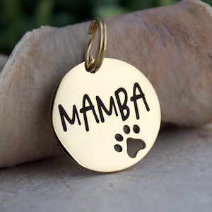 Gold Personalized Pet ID tag with paw, Dog or Cat ID Tag, Round tag with dog paw, Stainless Tag for Dogs, Cat Collar ID Name Tag
