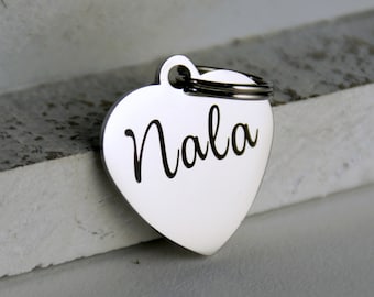 Small Silver Heart Pet Tag: Engraved Stainless Steel Dog Cat ID