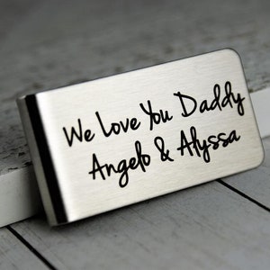 Your own handwriting or your kids drawings, Personalized Engraved Money Clip, Father's Day Gift for Daddy Custom Money Clip Std fonts front