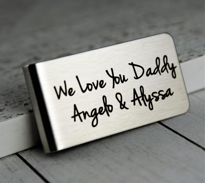 Your own handwriting or your kids drawings, Personalized Engraved Money Clip, Father's Day Gift for Daddy Custom Money Clip Std fonts front