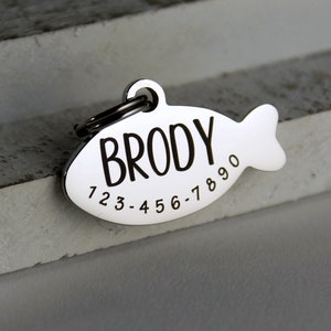 Cat ID tag with • Cat Name Tag • ID Tag for Cats • Stainless Steel Big Fish Tag • Collar ID Name Tag