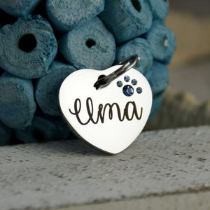 Small heart pet id tag with blue crystals • Small Dog or Cat Name Tag • ID Tag for Dogs or Cats • Stainless Steel ID Tag • Collar ID