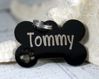 Personalized Black Dog ID Tag • Smaller Cut out dog paw • Dog Bone Name Tag • ID Tag for Dogs • Stainless Steel Dog Tag • Collar ID Name Tag