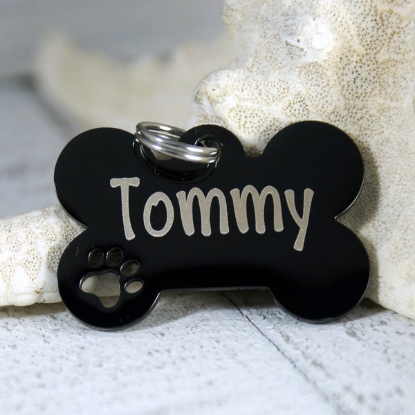 Personalized Black Dog ID Tag • Smaller Cut out dog paw • Dog Bone Name Tag • ID Tag for Dogs • Stainless Steel Dog Tag • Collar ID Name Tag