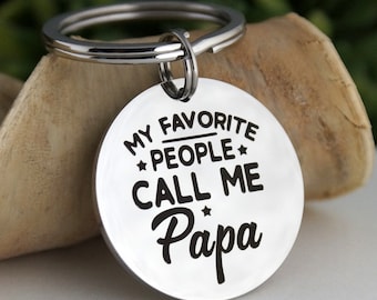 May include: A silver-colored round keychain pendant with the text "MY FAVORITE PEOPLE CALL ME Papa" in black. The keychain has a silver ring for attaching keys. The pendant is displayed on a light brown surface.