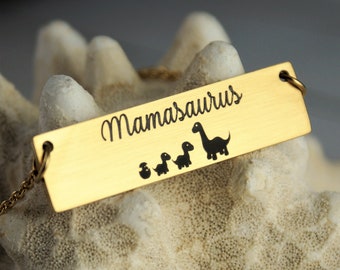 Personalized Mamasaurus Bar Necklace: Engraved Stainless Steel Mom Gift