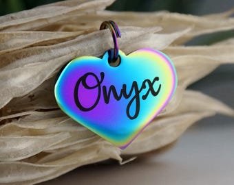 Iridescent Heart Pet ID Tag: Engraved Stainless Steel rainbow Dog Cat Name Tag