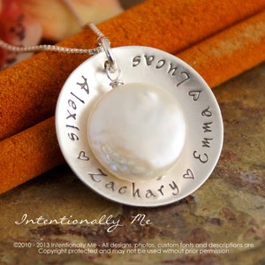 Personalized Jewelry / Sterling Silver Necklace / Hand Stamped Jewelry / Limited Edition Cup with Freshwater Pearl Four names image 3