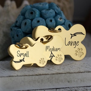 Gold dog tag for dogs personalized, dog name tag, dog bone tag with cute dog paw, dog tag for small dogs, dog tag for big dogs
