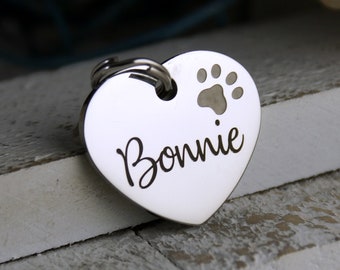 Heart Pet ID Tag with Paw Print: Engraved Stainless Steel Dog Cat Name Tag