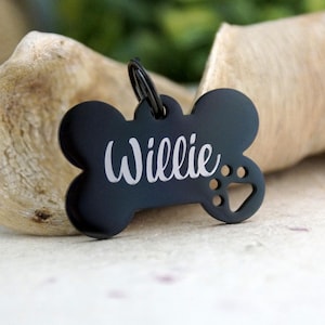 Personalized Black Dog ID Tag: Stainless Steel Bone with Paw Print cutout