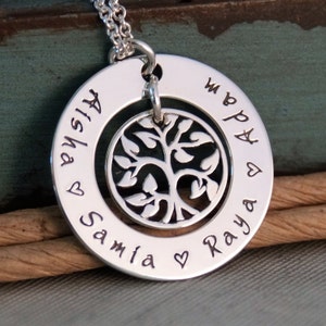 Hand Stamped Mommy Necklace - Personalized Jewelry - Sterling Silver Family Tree Necklace - My Family (Small Washer)