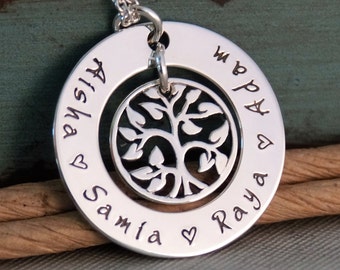 Hand Stamped Mommy Necklace - Personalized Jewelry - Sterling Silver Family Tree Necklace - My Family (Small Washer)