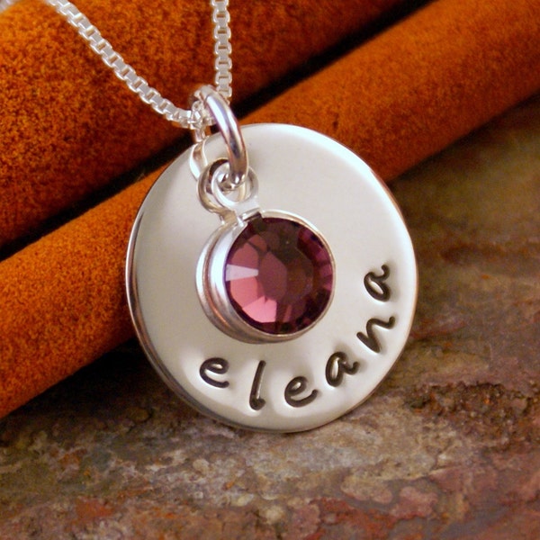 Sterling Silver Small flat name tag with birthstone, personalized hand stamped