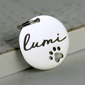 Personalized Pet ID tag with cut out paw, Dog or Cat ID Tag, Round tag with dog paw, Stainless Steel Tag for Dogs, Cat Collar ID Name Tag