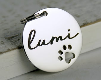 Personalized Pet ID tag with cut out paw, Dog or Cat ID Tag, Round tag with dog paw, Stainless Steel Tag for Dogs, Cat Collar ID Name Tag