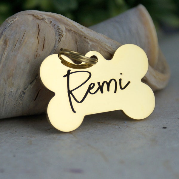 Personalized Gold Color Dog ID Tag • Gold Collar Name Tag • Dog Bone • ID Tag for Dogs • Stainless Steel Dog Tag • Collar ID Name Tag