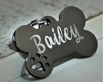 Personalized Dog ID Tag, Cut out dog paw, Dog Name Tag, Dog Bone Tag, ID Tag for Dogs, Stainless Steel, Black Collar ID Name Tag