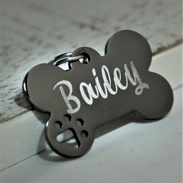 Personalized Dog ID Tag, Cut out dog paw, Dog Name Tag, Dog Bone Tag, ID Tag for Dogs, Stainless Steel, Black Collar ID Name Tag