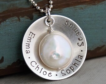 Personalized Jewelry / Sterling Silver Necklace / Hand Stamped Jewelry / Limited Edition Cup with Freshwater Pearl (Four names)