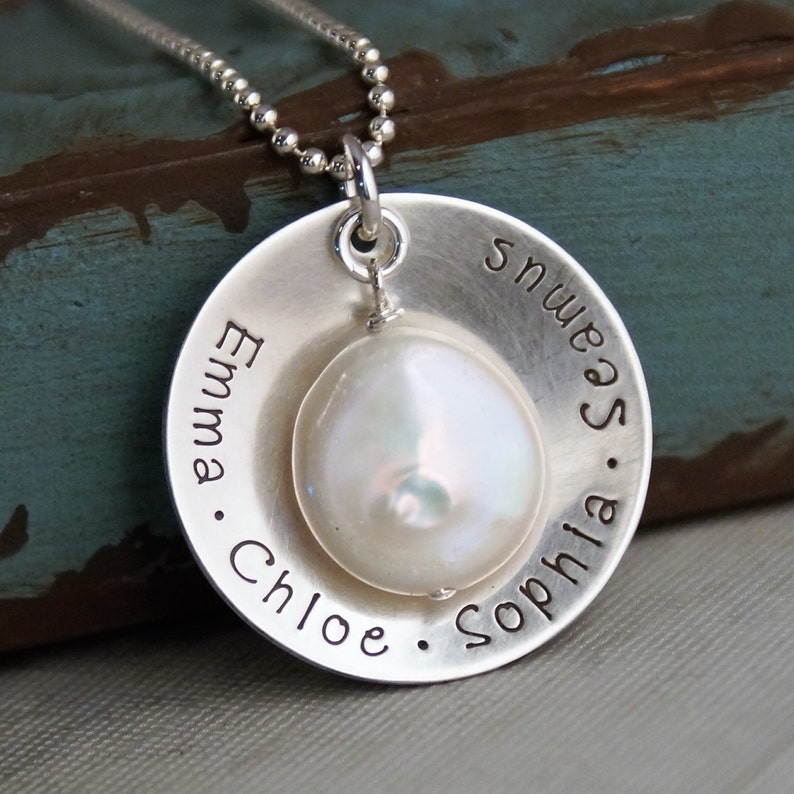 Personalized Jewelry / Sterling Silver Necklace / Hand Stamped Jewelry / Limited Edition Cup with Freshwater Pearl Four names image 1