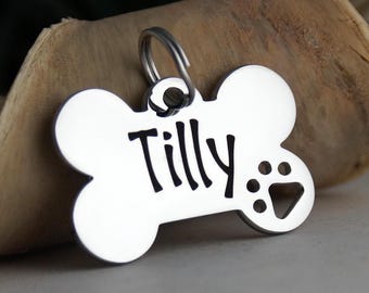 Personalized Dog ID Tag with cut out dog paw, Dog Name Tag, Dog Bone Tag, Collar ID Tag for Dogs, Custom Dog Tag, small medium big tag