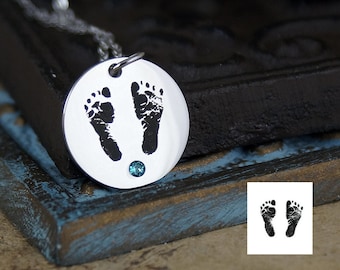 Engraved Footprint Necklace • Stainless Steel Birthstone Charm, New Mom Gift