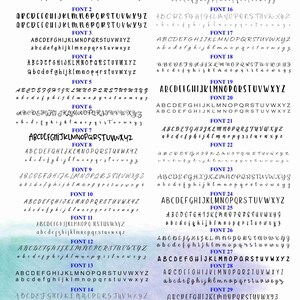 May include: Font chart displaying 29 different font styles, each with uppercase and lowercase alphabets. The fonts vary in style, from bold and blocky to elegant scripts, with the text "Font Chart" at the top.