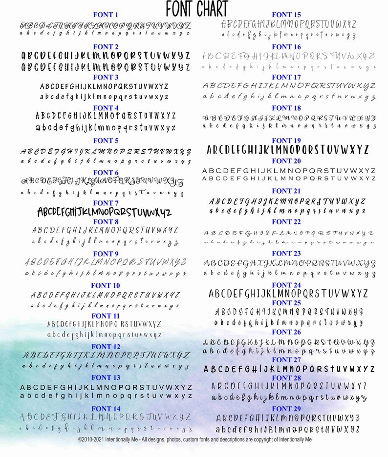 May include: Font chart displaying 29 different font styles, each with uppercase and lowercase alphabets. The fonts vary in style, from bold and blocky to elegant scripts, with the text "Font Chart" at the top.