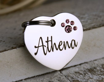 Engraved small Heart Pet ID Tag: Stainless Steel with Pink Crystals