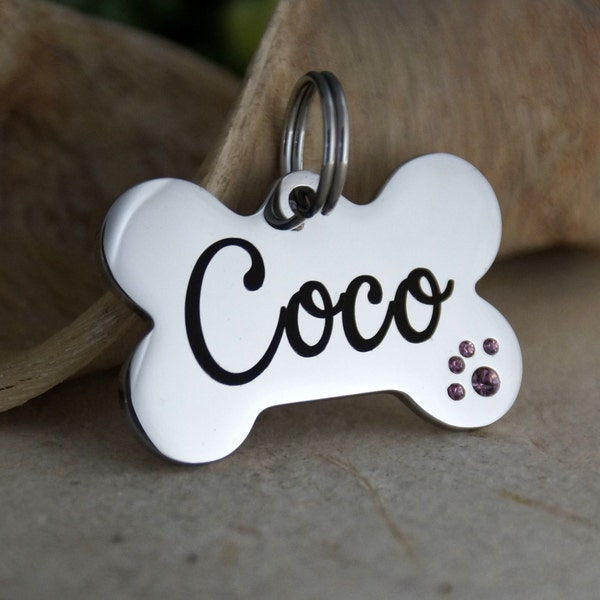 Personalized Dog Tag Dog Bone shape with Pink crystals, Dog Name Tag, Dog Bone Tag, Stainless Steel Dog Tag, Collar ID Name Tag