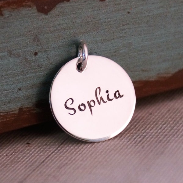 Hand Stamped Jewelry -  Personalized Sterling Silver round charm - One Name Small Flat Tag