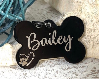 Personalized Black Dog Bone ID Tag for Dogs, Custom Name Tag made of Stainless Steel • Collar ID Name Tag with heart and dog paw