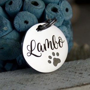 Pet id tag with paw • Dog or Big Cat Name Tag • ID Tag for Dogs or Cats • Stainless Steel ID Tag • Collar ID Name Tag