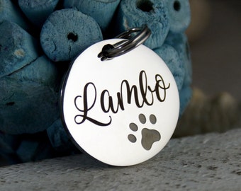 Pet id tag with paw • Dog or Big Cat Name Tag • ID Tag for Dogs or Cats • Stainless Steel ID Tag • Collar ID Name Tag