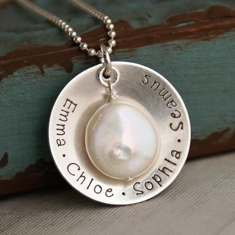 Personalized Jewelry / Sterling Silver Necklace / Hand Stamped Jewelry / Limited Edition Cup with Freshwater Pearl Four names image 2