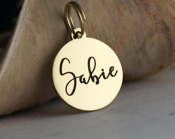 Small Gold Personalized Round Pet ID Tag: Stainless Steel Dog or Cat Collar Tag