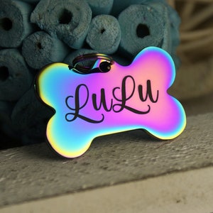 Personalized Dog ID Tag • Collar ID Tag • Dog Name Tag • Dog Bone Tag • Tag for Dogs • Stainless Steel • Chrome Rainbow Collar ID Name Tag