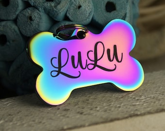 Personalized Dog ID Tag • Collar ID Tag • Dog Name Tag • Dog Bone Tag • Tag for Dogs • Stainless Steel • Chrome Rainbow Collar ID Name Tag