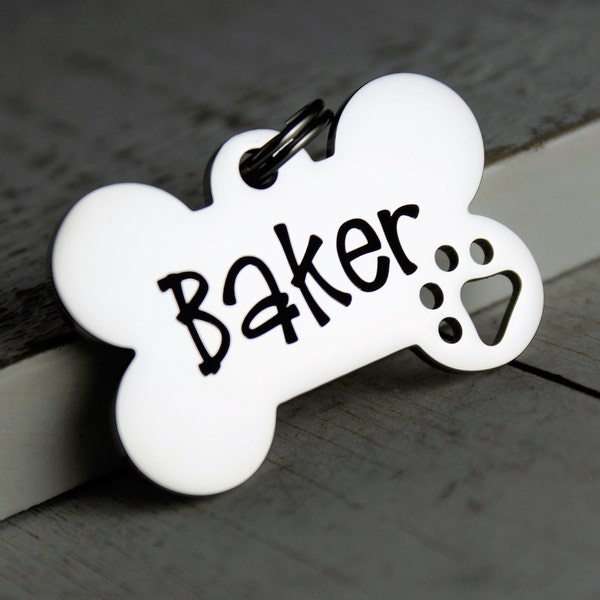 Personalized Dog ID Tag with cut out dog paw, Dog Name Tag, Dog Bone Tag, Collar ID Tag for Dogs, Custom Dog Tag, small medium big tag