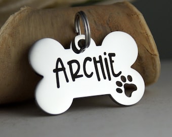 Personalized Dog ID Tag • Smaller Cut out dog paw • Dog Bone Name Tag • ID Tag for Dogs • Stainless Steel Dog Tag • Collar ID Name Tag