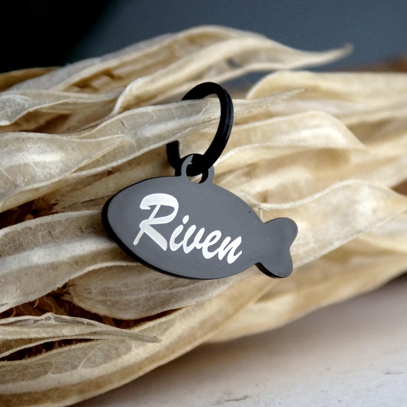 May include: A black, fish-shaped pet tag with the name "Riven" in white script. The tag is attached to a black ring. The background features dried, beige-colored plant material.