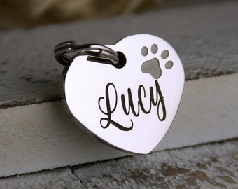 Paw Print Heart Pet ID Tag: Engraved Stainless Steel Dog Cat Name Tag