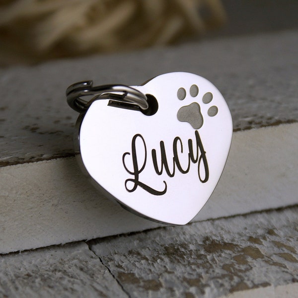 Small heart pet id tag with paw print • Dog or Cat Name Tag • ID Tag for Dogs or Cats • Stainless Steel ID Tag • Collar ID Name Tag
